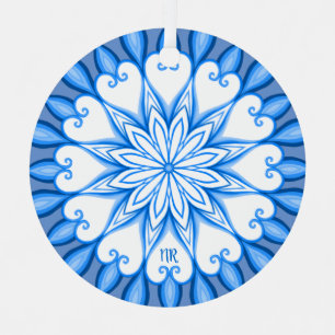 Adorno Metálico Mandala elegante estética blanca y azul monogramad