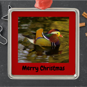 Adorno Metálico Mandarin Duck Feliz Navidad Rojo enmarcado