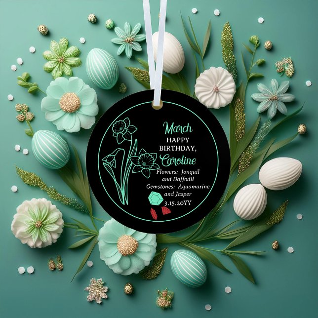 Adorno Metálico March Daffodil | Aquamarine Birthday Keepsake (March Daffodil Aquamarine Birthday Keepsake Metal Two-Sided Ornament)