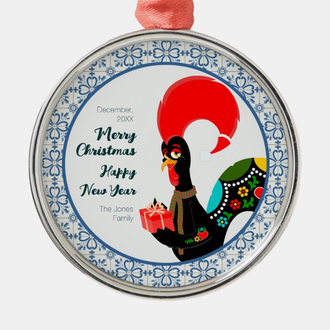 Adorno Metálico Marco de baldosas azules y gallos azules de Portug (Frente)