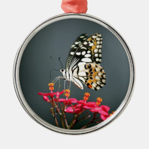 Adorno Metálico Mariposa blanca negra y amarilla en flores rosas