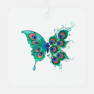 Adorno Metálico Mariposa con plumas de pavo real verde