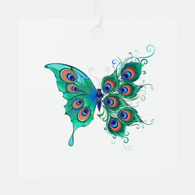 Adorno Metálico Mariposa con plumas de pavo real verde (Anverso)