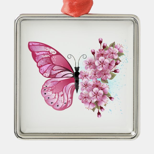 Adorno Metálico Mariposa de flores con Sakura rosa (Frente)