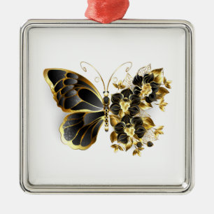 Adorno Metálico Mariposa de flores de oro con orquídea negra