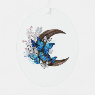 Adorno Metálico Mariposas azules en creciente de madera