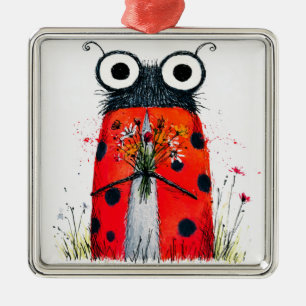 Adorno Metálico Mariquita Adorable Sosteniendo Ramo de Flores Silv