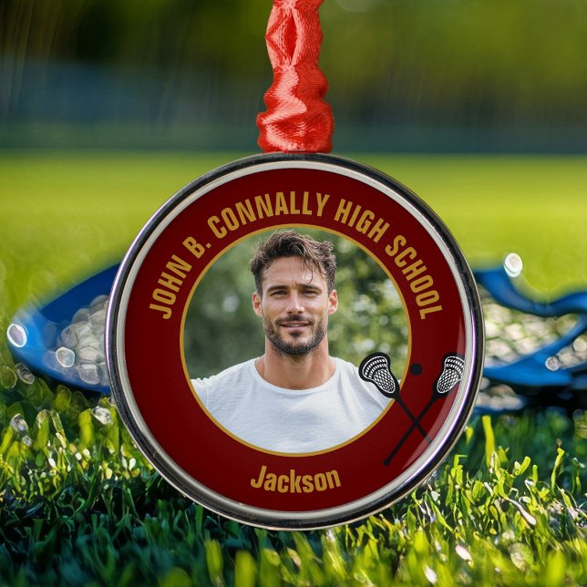 Adorno Metálico Maroon Lacrosse Player Photo High School Christmas (Subido por el creador)