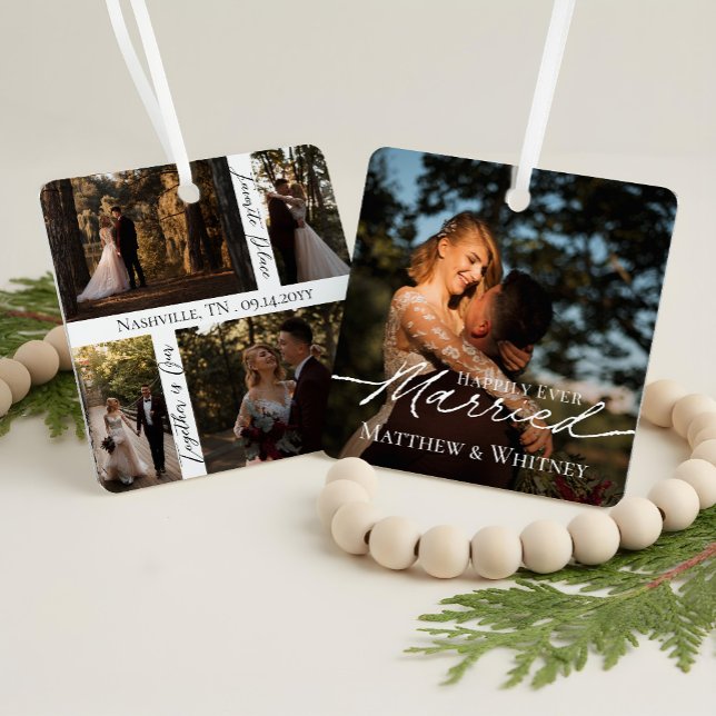 Adorno Metálico Married Couple 1st Christmas Elegant Photo Collage (Married Couple 1st Christmas Elegant Photo Collage Metal Ornament)