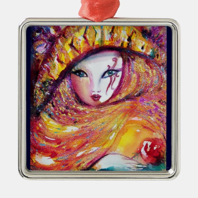 ADORNO METÁLICO MÁSCARA DE CARNAVAL EN AMARILLO ORO CON ROSA ROJA (Frente)