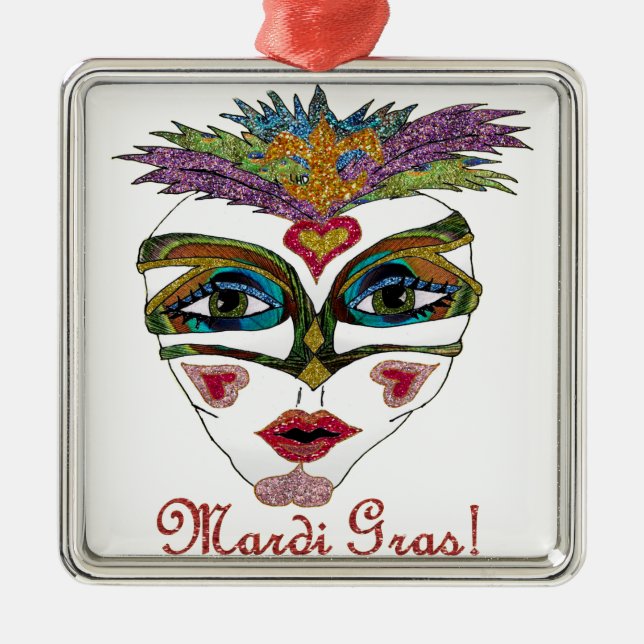 Adorno Metálico Máscara de plumas de Purpurina del Mardi Gras colo (Frente)