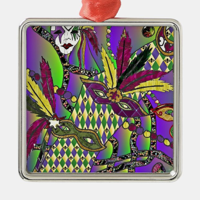 Adorno Metálico Máscaras de plumas de Mardi Gras psicodélicas (Frente)