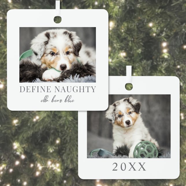 Adorno Metálico Mascota Define Navidades de fotos de perros travie (Pet Define Naughty Dog Photo Christmas Metal Ornament)