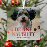 Adorno Metálico Mascota gracioso define Navidades traviesos<br><div class="desc">¡Prepárate para embellecer tu árbol de Navidad con un toque de humor y amor mascota! Nuestros nuevos adornos navideños capturan el lado divertido de tu fumarín con un tema único, "definir traviesa", que incluye una foto personalizada, huellas de pata, su nombre y el año en un impresionante degradado rojo. ¡Un...</div>