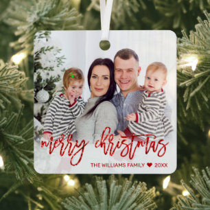 Adorno Metálico Merry Christmas Red Glitter Script Family Photo