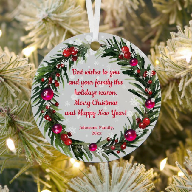 Adorno Metálico merry christmas watercolor holly wreath snowflakes (in situ)