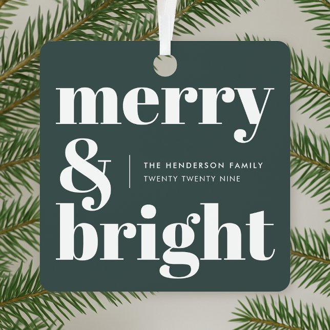 Adorno Metálico Merry y Bright | Elegantes Navidades verdes forest (Merry and Bright metal ornament by Guava, featuring forest green colour and retro modern design)
