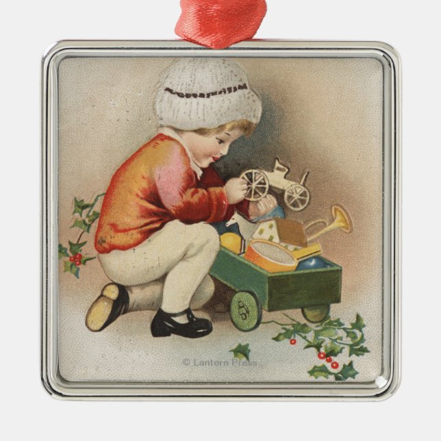 Adorno Metálico Mi navidad WishKid observando los juguetes (Frente)