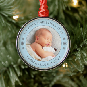 Adorno Metálico Mi Primer Navidad Azul Foto Personalizada de Bebé
