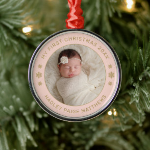 Adorno Metálico Mi Primer Navidad Rosado Dorado Foto Personalizada