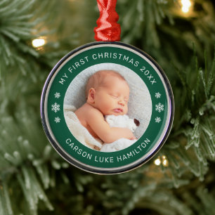 Adorno Metálico Mi Primer Navidad Verde Foto de Bebé Personalizada