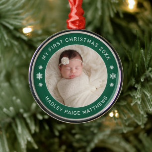 Adorno Metálico Mi Primer Navidad Verde Foto de Bebé Personalizada