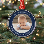 Adorno Metálico Mi primera navidad, la marina moderna de fotos par<br><div class="desc">Celebra las simples alegrías de tu nuevo miembro de la familia con un niño recién nacido fotográfico azul marino y blanco alrededor de un adorno metalizado. La redacción y la imagen de esta plantilla son fáciles de personalizar. La cita de "Mi primera Navidad" es fácil de cambiar en funda, lo...</div>
