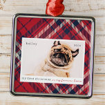 Adorno Metálico Mi primera Navidad para siempre en casa Mascota fo<br><div class="desc">Este diseño simple y clásico está compuesto por tipografía de la síspera y agrega una foto de un mascota personalizado. "Mi primera Navidad en mi casa para siempre" adorna el diseño.</div>