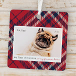 Adorno Metálico Mi primera Navidad para siempre en casa Mascota fo<br><div class="desc">Este diseño simple y clásico está compuesto por tipografía de la síspera y agrega una foto de un mascota personalizado. "Mi primera Navidad en mi casa para siempre" adorna el diseño.</div>