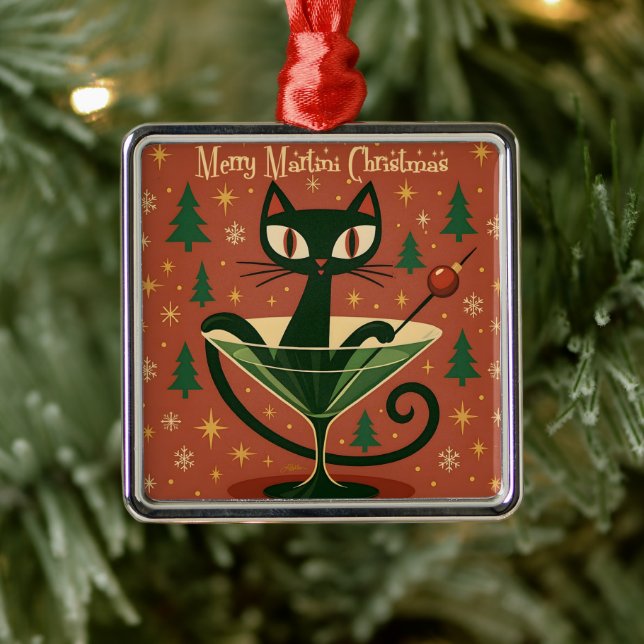 Adorno Metálico Mid Century Black Cat Merry Martini Christmas (Árbol)