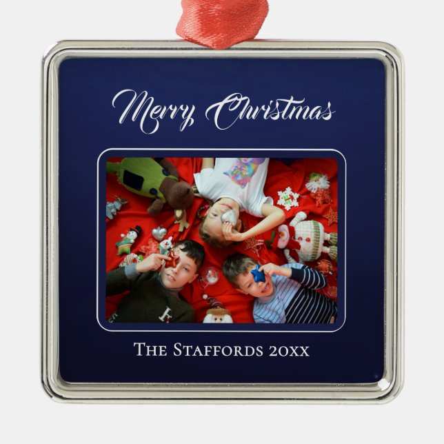 Adorno Metálico Midnight Blue Merry Christmas Photo Ornament (Frente)