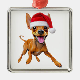 Adorno Metálico Miniature Pinscher Gorro de Santa Navidad Perro Mi