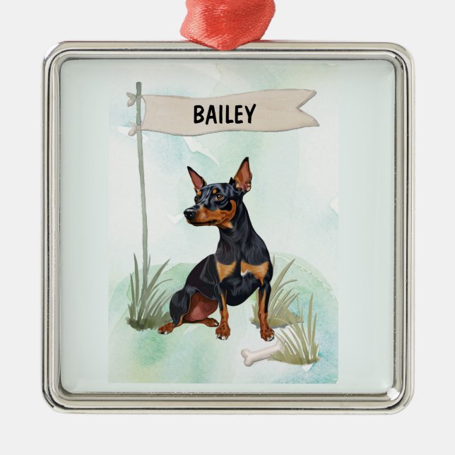 Adorno Metálico Miniature Pinscher Watercolor Personalized Dog (Frente)