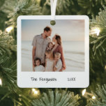 Adorno Metálico Minimalist Black and White Family Photo Christmas<br><div class="desc">Minimalist style Christmas Ornament featuring a simple design with a photo of your family along with your family name and the year in a handwriting script.  The back has a second picture.  This modern and elegant holiday ornament makes a great gift for loved ones.</div>