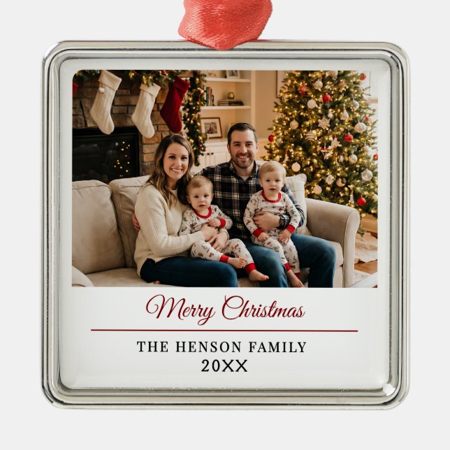 Adorno Metálico Modern Personalized Family Photo Merry Christmas  (Frente)