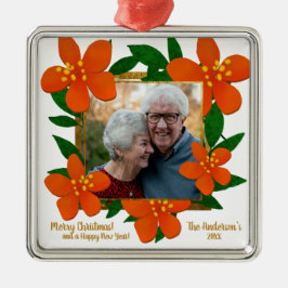 Adorno Metálico Modern Red Orange Gold Floral Photo Christmas