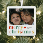 Adorno Metálico Moderna foto colorida de navidad de los cerezos<br><div class="desc">Moderno y colorido Ornamento Metalizado de la foto navideña de Feliz Feliz. Haga clic en el botón de edición/personalización para personalizar de este diseño con sus fotos y texto.</div>