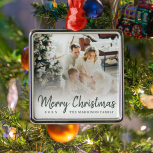 Adorno Metálico Moderna Foto Familiar con Letra Verde para Navidad