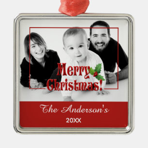 Adorno Metálico Moderno Feliz Navidad y Holly Foto Personalizada R