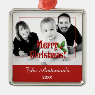 Adorno Metálico Moderno Feliz Navidad y Holly Foto Personalizada R
