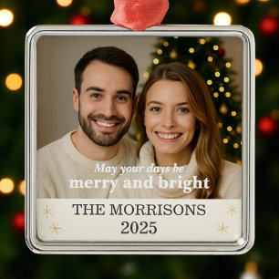 Adorno Metálico Moderno Neutral & Gold Family Photo Snowflake