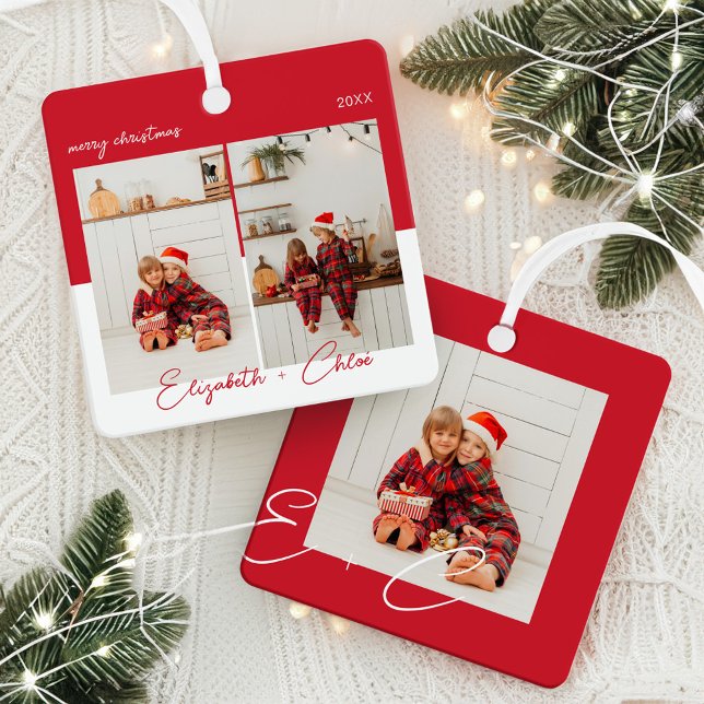 Adorno Metálico Moderno y moderno nombre rojo y blanco Monograma 3 (Modern Trendy Red & White Name Monogram 3 Photo Metal Ornament)