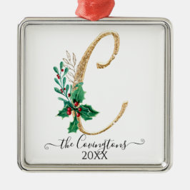 Adorno Metálico Monograma C Navidades Holly Familia Purpurina Gold