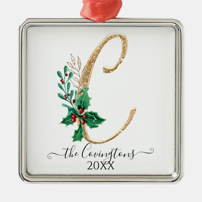 Adorno Metálico Monograma C Navidades Holly Familia Purpurina Gold (Frente)