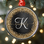 Adorno Metálico Monograma de espuma negra Purpurina de oro persona<br><div class="desc">Personaliza fácilmente este elegante diseño de ornamento de moda con purpurina brillante de oro en bonito sobre fondo metálico cepillado negro.</div>