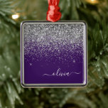 Adorno Metálico Monograma de Girly Glam Purpurina de Plata Púrpura<br><div class="desc">Nombre de Monograma Plateado y Purpurina Púrpura y Ornamento de Navidad Inicial. Esto hace que el dulce perfecto cumpleaños 16,  boda,  ducha de novia,  aniversario,  ducha de bebé o fiesta de soltera sea regalo para alguien que ama el lujo glam y los estilos de moda.</div>