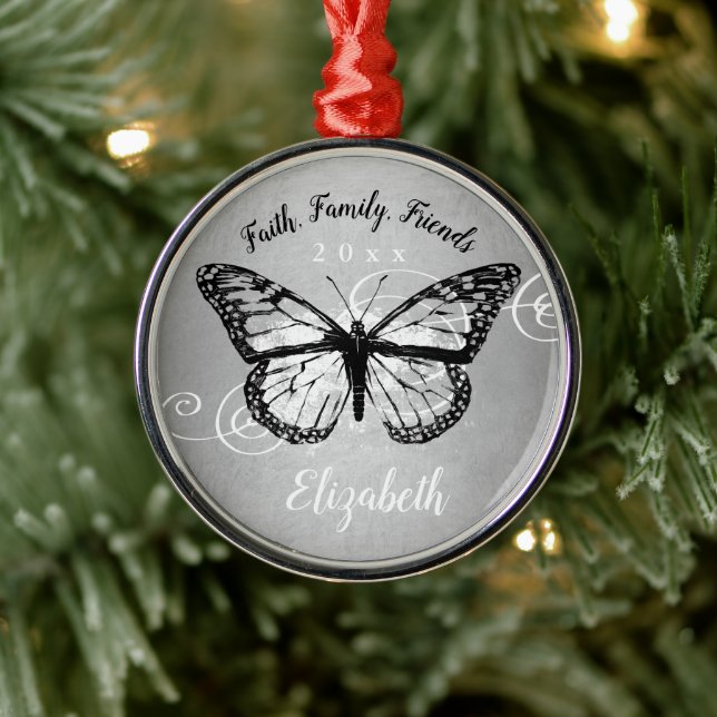 Adorno Metálico Monograma de la mariposa Black Faux Silver de los  (Árbol)