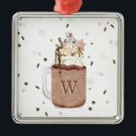 Adorno Metálico Monograma del batido de Snowman Navidades de choco<br><div class="desc">Ilustracion de un Navidad de chocolate con temática de batido de leche extremo coronado con espolvorines,  espoletas calientes,  patatas fritas de chocolate,  snowman con forma de malvavisco,  crema batida y una galleta de Navidades con forma de copo de nieve. Monograma inicial.</div>