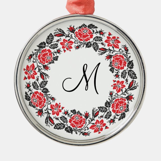 Adorno Metálico Monograma del círculo de las rosas rojas cruzadas  (Frente)