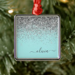 Adorno Metálico Monograma del Purpurina de Girona azul de Silver A<br><div class="desc">Nombre del Monograma del Purpurina Azul Plateado y Aqua y Ornamento de Navidad Inicial. Esto hace que el dulce perfecto cumpleaños 16,  boda,  ducha de novia,  aniversario,  ducha de bebé o fiesta de soltera sea regalo para alguien que ama el lujo glam y los estilos de moda.</div>